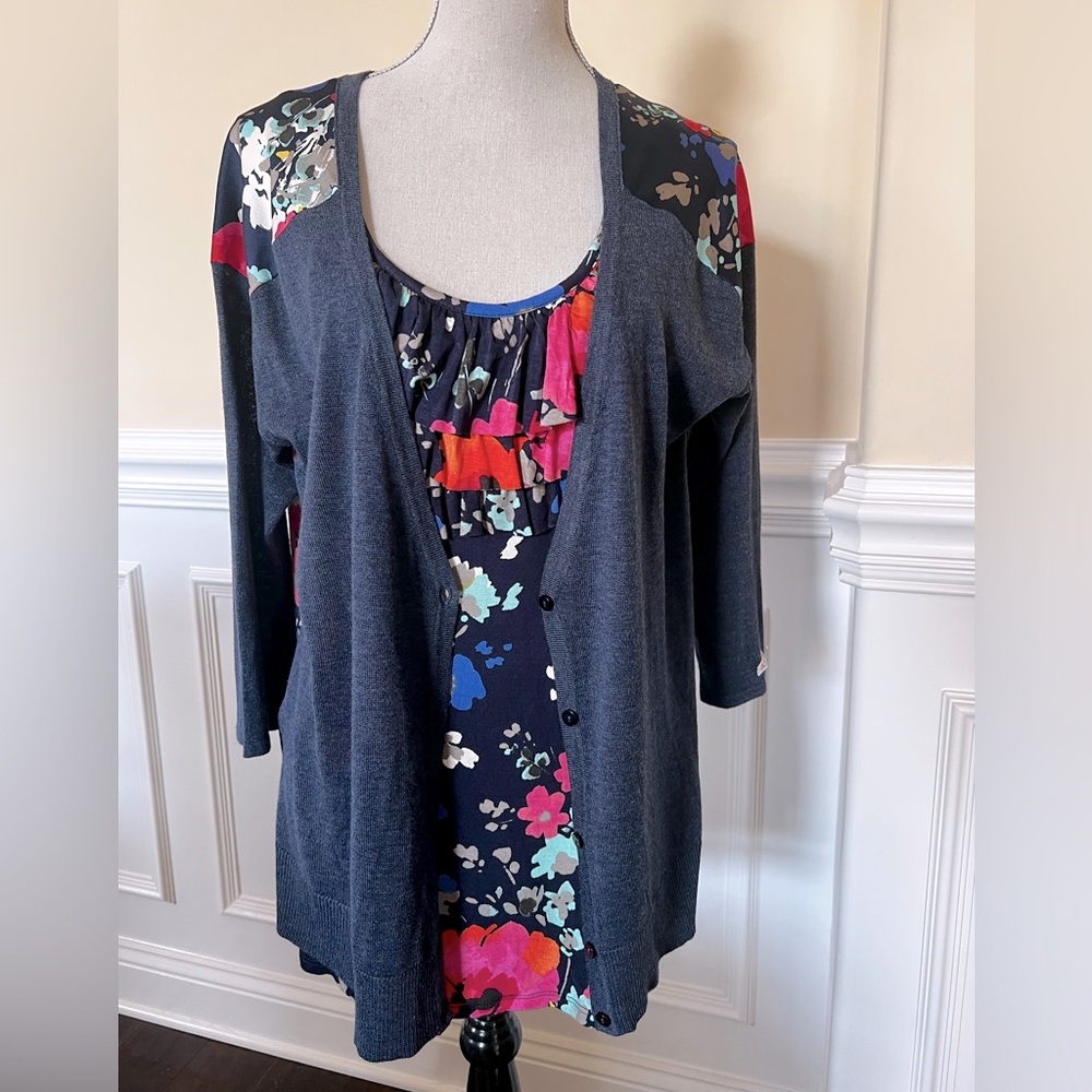 Merona, Multicolor-Blue-Pink-Orange Floral Cardigan, 3/4 Sleeves Twin Set.